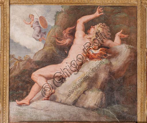  Mantua, Palazzo Ducale (Gonzaga's residence), Sala di Troia (Chamber of Troy), detail of the frescoes by Giulio Romano and his assistants (1538 - 1539): Ajax impaled with a flash of fire on a sharp rock.