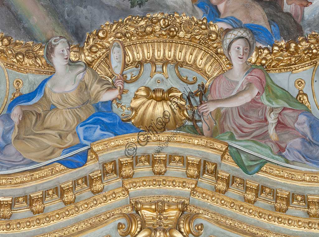 Genoa, Palazzo Carrega-Cataldi (former Palazzo Tobia Pallavicini): the Gallery, with Rococo frescoes by Lorenzo De Ferrari (1740-44). Detail of the plaster with two women (one is the Prudence).World Heritage UNESCO.