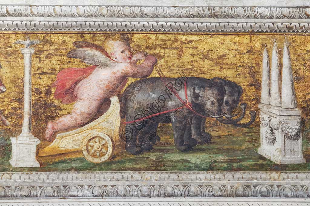 Ferrara, Castello Estense (detto anche Castello di San Michele): particolare dei cornicioni  decorati con putti alla guida di bighe fantastiche e festoni di frutta in campo d'oro.Opera di Leonardo da Brescia. La sala, già stanza privata di Ercole II, era conosciuta nel Cinquecento come camera dello specchio. Da essa prende il nome l'intero appartamento di rappresentanza voluto da Alfonso II.Le scene proposte nella volta di questa sala vengono oggi generalmente interpretate come un'allegoria della vita umana.