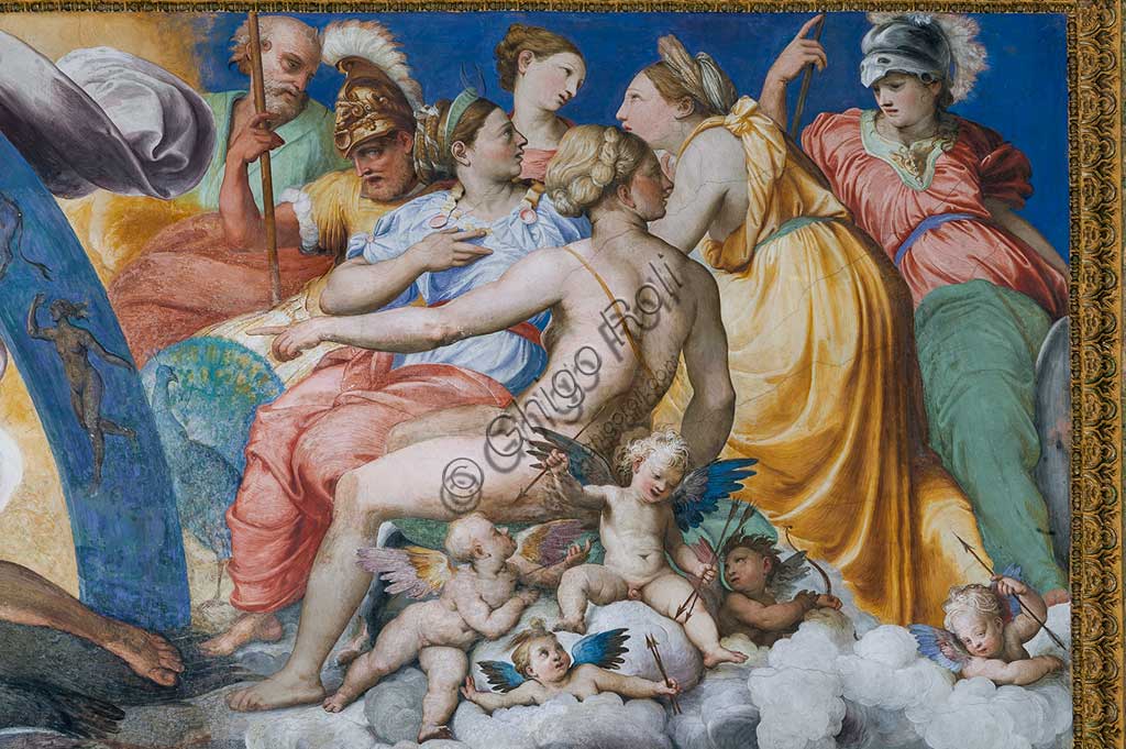 Genova, Villa del Principe (Palazzo di Andrea Doria), Salone di Giove, volta: Giove che folgora i Giganti ribelli (Caduta dei Giganti). Particolare con dei dell'Olimpo e putti. Affresco di Perin del Vaga (Pietro Bonaccorsi), 1530 - 1533.