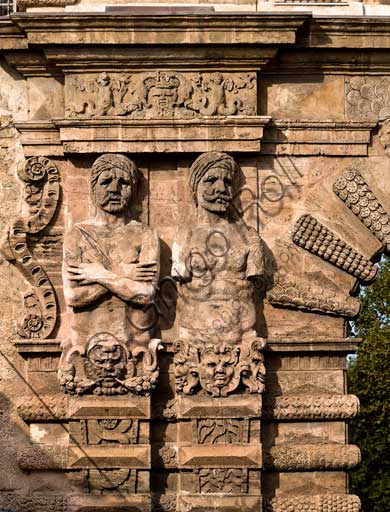 Palermo, The Royal Palace or Palazzo dei Normanni (Palace of the Normans), Porta Nuova Tower: detail of the telamones, depicting the Moors defeated by Charles V.