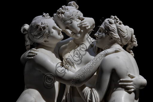  "The three Graces", 1812-17, by Antonio Canova (1757 - 1822), marble statue. Detail of the faces and the embrace.