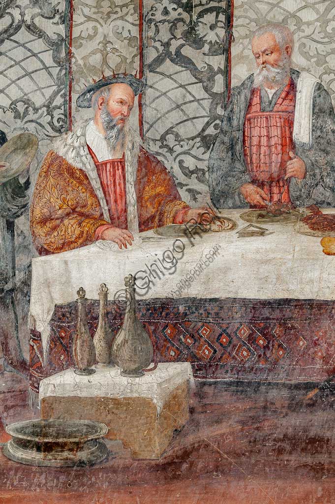 Cavernago, Malpaga Castle or Colleoni Castle, Hall of Honour: cycle of frescoes depicting the visit of Christian I of Denmark to Bartolomeo Colleoni, by Marcello Fogolino, (some historians attribute these frescoes to Romanino), 1474. Detail of the banquet.