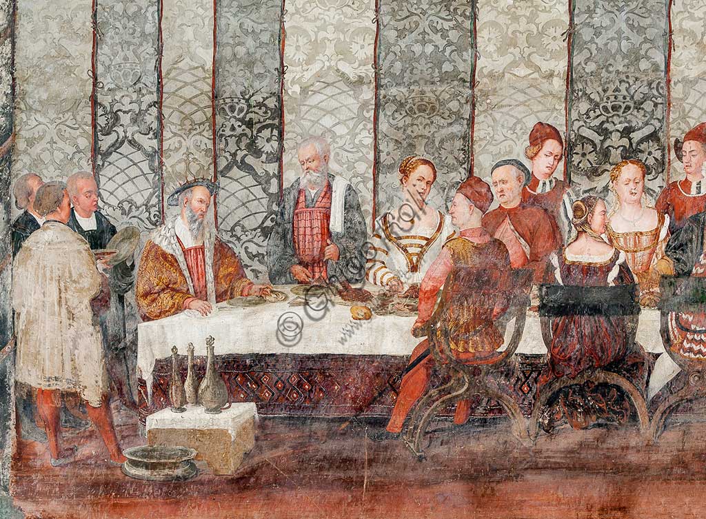 Cavernago, Malpaga Castle or Colleoni Castle, Hall of Honour: cycle of frescoes depicting the visit of Christian I of Denmark to Bartolomeo Colleoni, by Marcello Fogolino, (some historians attribute these frescoes to Romanino), 1474. Detail of the banquet.