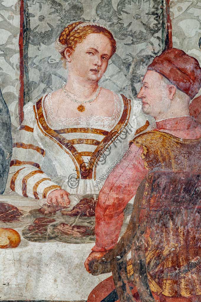 Cavernago, Malpaga Castle or Colleoni Castle, Hall of Honour: cycle of frescoes depicting the visit of Christian I of Denmark to Bartolomeo Colleoni, by Marcello Fogolino, (some historians attribute these frescoes to Romanino), 1474. Detail of the banquet.