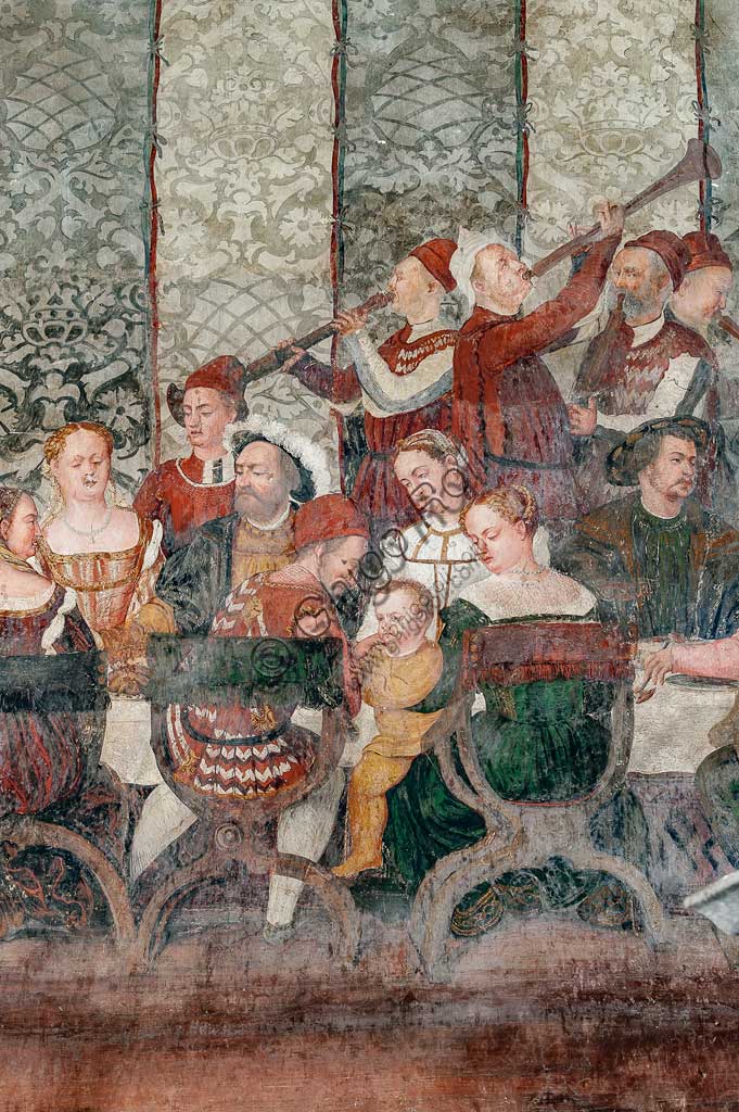 Cavernago, Castello di Malpaga o Castello Colleoni, Salone d'Onore: ciclo di affreschi raffigurante la visita di Cristiano I° di Danimarca a Bartolomeo Colleoni, di Marcello Fogolino, (da alcuni attribuiti al Romanino), 1474 . Particolare del banchetto.