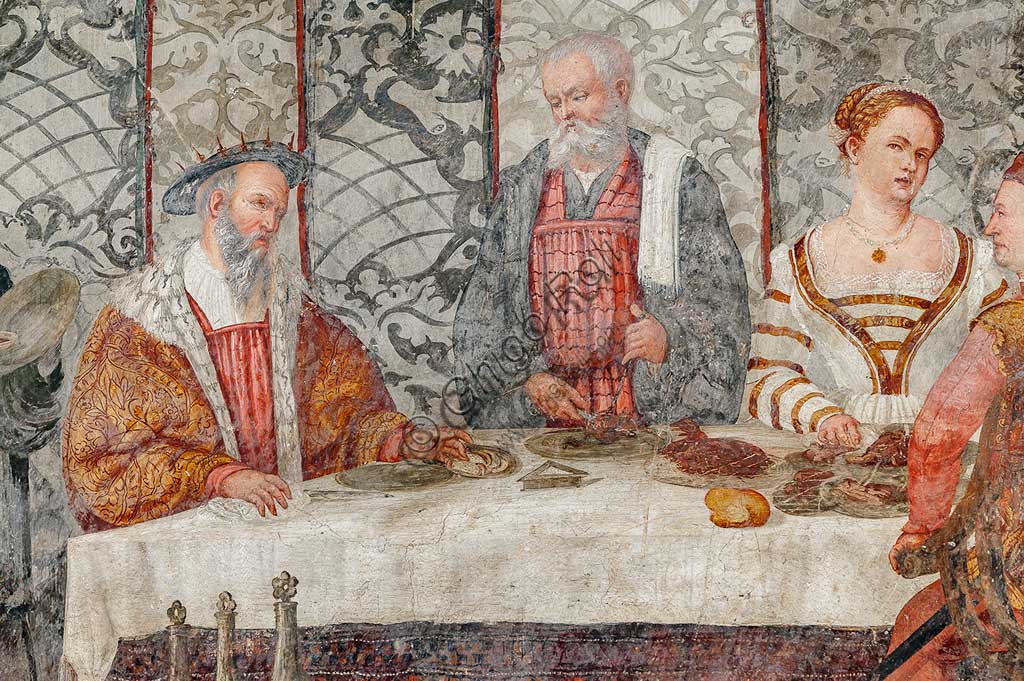 Cavernago, Malpaga Castle or Colleoni Castle, Hall of Honour: cycle of frescoes depicting the visit of Christian I of Denmark to Bartolomeo Colleoni, by Marcello Fogolino, (some historians attribute these frescoes to Romanino), 1474. Detail of the banquet.