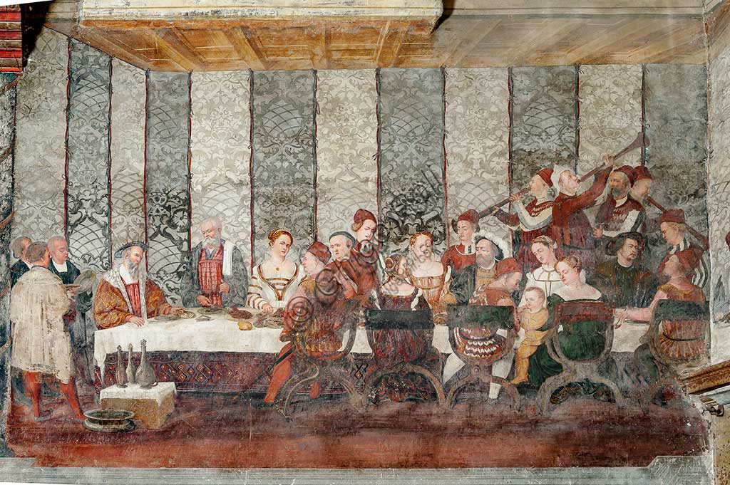 Cavernago, Castello di Malpaga o Castello Colleoni, Salone d'Onore: ciclo di affreschi raffigurante la visita di Cristiano I° di Danimarca a Bartolomeo Colleoni, di Marcello Fogolino, (da alcuni attribuiti al Romanino), 1474 . Particolare del banchetto.