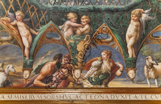  Parma, Fontanellato, Rocca Sanvitale, room of Diana and Actaeon: detail of the ceiling with the cycle of frescoes by Parmigianino (Girolamo Francesco Maria Mazzola) depicting the myth of Diana and Actaeon, taken from Ovid's Metamorphoses. The room, frescoed in 1524, probably was the bathroom of Paola Gonzaga, wife of Galeazzo Sanvitale. Detail of the south side, with Actaeon and two hunting companions.