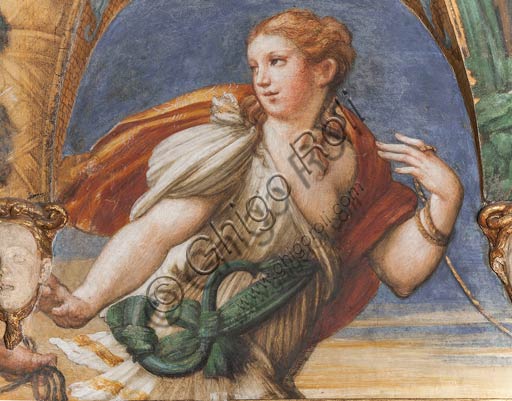 Parma, Fontanellato, Rocca Sanvitale, stanza (o stufetta) di Diana e Atteone: particolare del ciclo di affreschi del Parmigianino (Girolamo Francesco Maria Mazzola) raffiguranti il mito di Diana e Atteone, tratto dalle Metamorfosi di Ovidio. La stanza, affrescata nel 1524, era probabilmente il bagno privato di Paola Gonzaga, moglie di Galeazzo Sanvitale. Particolare del lato Sud, con Atteone.