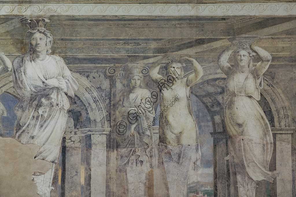 Voghiera, Delizia di Belriguardo, one of the 19 prestigious residences (called Delizia) belonging to the Este, Sala delle Vigne (the Vineyard Hall): detail of the cycle of frescoes, by Girolamo da Carpi, with the collaboration of Dosso Dossi and Benvenuto Tisi da Garofalo, 1537. Detail of the  decorations with caryatids.