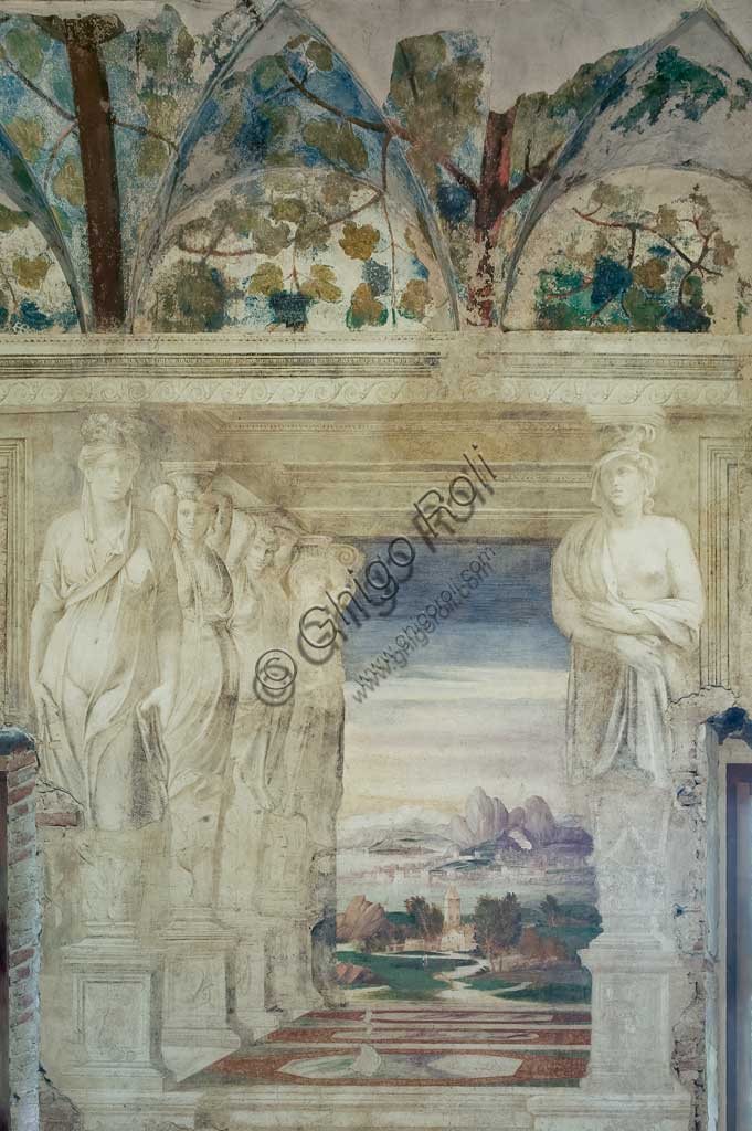 Voghiera, Delizia di Belriguardo, una delle 19 prestigiose residenze, (chiamate delizie) degli Este, Sala delle Vigne: particolare del ciclo di affreschi ,  opera di Girolamo da Carpi, con aiuti di Dosso Dossi e Benvenuto Tisi da Garofalo, 1537. I soggetti delle decorazioni sono tralci di vite, grappoli d'uva e cariatidi.