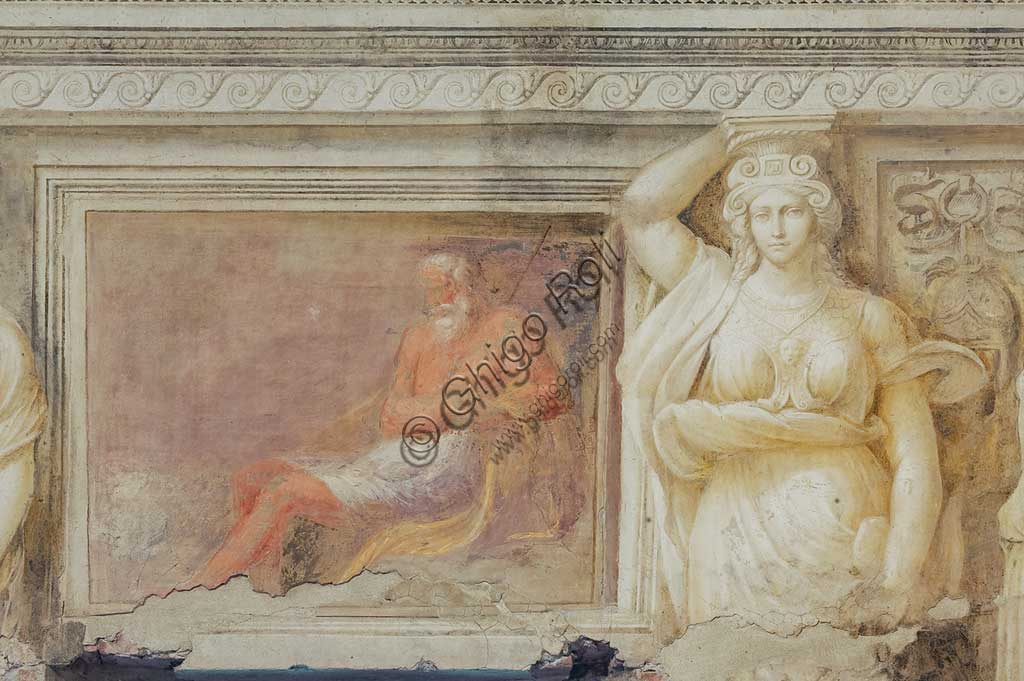 Voghiera, Delizia di Belriguardo, one of the 19 prestigious residences (called Delizia) belonging to the Este, Sala delle Vigne (the Vineyard Hall): detail of the cycle of frescoes, by Girolamo da Carpi, with the collaboration of Dosso Dossi and Benvenuto Tisi da Garofalo, 1537. Detail of the  decorations with caryatids.