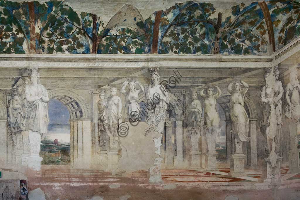 Voghiera, Delizia di Belriguardo, one of the 19 prestigious residences (called Delizia) belonging to the Este, Sala delle Vigne (the Vineyard Hall): detail of the cycle of frescoes, by Girolamo da Carpi, with the collaboration of Dosso Dossi and Benvenuto Tisi da Garofalo, 1537. The subjects of the decorations are vine shoots, bunches of grapes and caryatids.