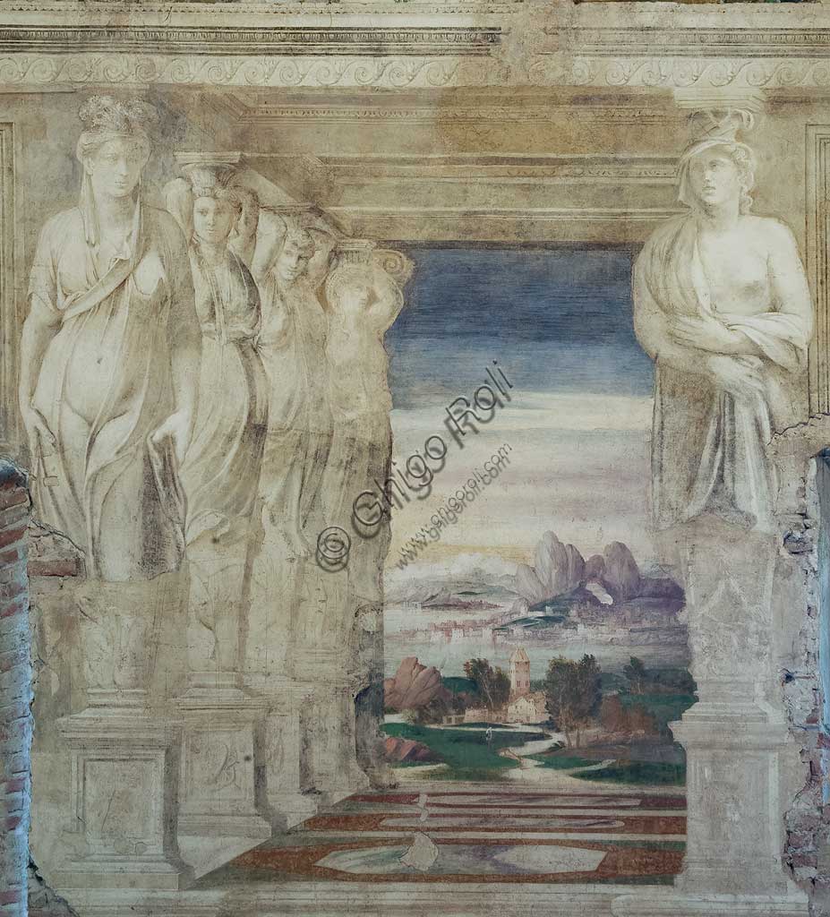 Voghiera, Delizia di Belriguardo, una delle 19 prestigiose residenze, (chiamate delizie) degli Este, Sala delle Vigne: particolare del ciclo di affreschi ,  opera di Girolamo da Carpi, con aiuti di Dosso Dossi e Benvenuto Tisi da Garofalo, 1537. I soggetti delle decorazioni sono tralci di vite, grappoli d'uva e cariatidi.