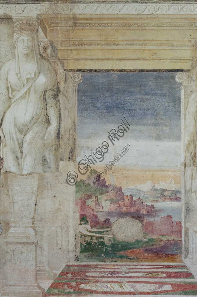 Voghiera, Delizia di Belriguardo, one of the 19 prestigious residences (called Delizia) belonging to the Este, Sala delle Vigne (the Vineyard Hall): detail of the cycle of frescoes, by Girolamo da Carpi, with the collaboration of Dosso Dossi and Benvenuto Tisi da Garofalo, 1537. Detail of the  decorations with caryatids.