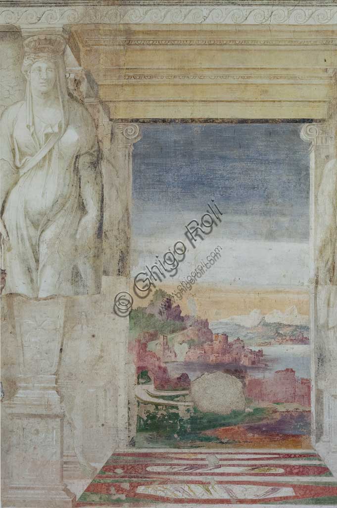 Voghiera, Delizia di Belriguardo, una delle 19 prestigiose residenze, (chiamate delizie) degli Este, Sala delle Vigne: particolare del ciclo di affreschi ,  opera di Girolamo da Carpi, con aiuti di Dosso Dossi e Benvenuto Tisi da Garofalo, 1537. Particolare della decorazione con cariatidi.