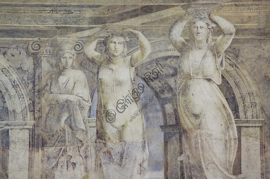Voghiera, Delizia di Belriguardo, one of the 19 prestigious residences (called Delizia) belonging to the Este, Sala delle Vigne (the Vineyard Hall): detail of the cycle of frescoes, by Girolamo da Carpi, with the collaboration of Dosso Dossi and Benvenuto Tisi da Garofalo, 1537. Detail of the  decorations with caryatids.
