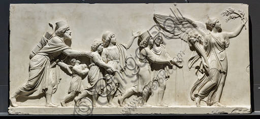  ""The entry of Alexander the Great into Babylon", a frieze executed between 1818 and 1828 by Bertel Thorvaldsen (1770 - 1844) in Carrara marble.  It is conceived as the meeting between two processions that converge towards the center, that is, towards the figure of Alexander the Great who advances on the chariot led by Victory, followed by his famous steed Bucefalo and his soldiers loaded with booty. In front of the leader, the allegorical figure of Peace, recognizable by the olive branch, precedes the people and the rulers of Babylon, who offer their gifts (horses, lions, panthers ...) to the winner, while dancers scatter flowers in his honor.Detail of the procession with men and boys.