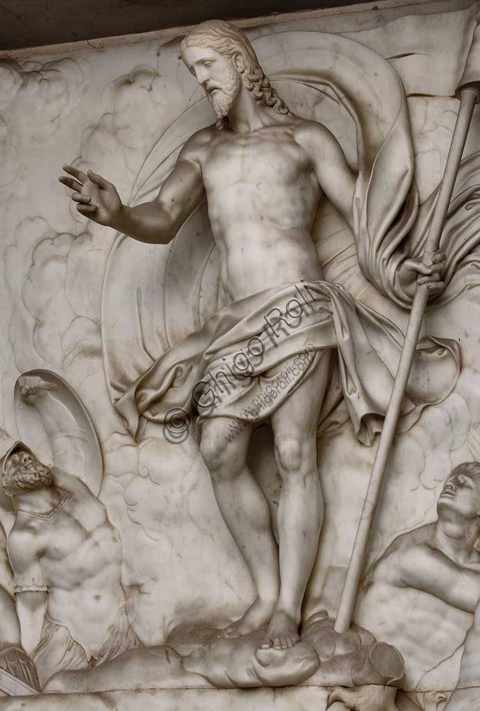 Church of Santa Croce, Mausoleum of St. Pius V: a high-relief in white marble representing  the Resurrection and Pius V in prayer. Based on a design by Giovanni Antonio Buzzi (1568-1571). Detail of resurrected Christ.