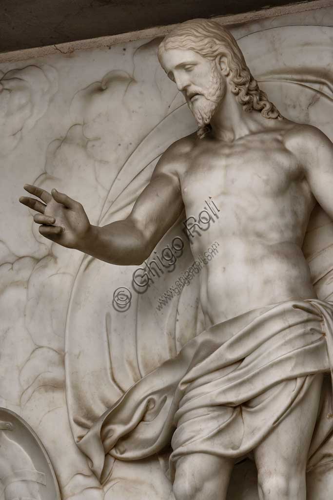 Church of Santa Croce, Mausoleum of St. Pius V: a high-relief in white marble representing  the Resurrection and Pius V in prayer. Based on a design by Giovanni Antonio Buzzi (1568-1571). Detail of resurrected Christ.