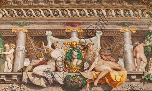  Parma, San Secondo, Rocca dei Rossi,  ceiling of the Room of Adonis. Detail of the faux porch with memorial stones of Giovanni De' Medici. Fresco by an unknown artist, perhaps Horace Samacchini, sec. XVI.