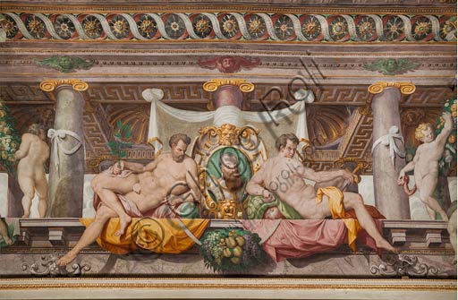  Parma, San Secondo, Rocca dei Rossi,  ceiling of the Room of Adonis. Detail of the faux porch with memorial stones of Federico Gonzaga, Duke of Mantua. Frescoes by an unknown artist, perhaps Horace Samacchini, sec. XVI.