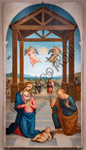 Perugia, Galleria Nazionale dell'Umbria: Polittico di S. Agostino,1502 - 23, olio su tavola, di Pietro di Cristoforo Vannucci, detto il Perugino. Particolare del fronte verso il coro: Adorazione dei Pastori.