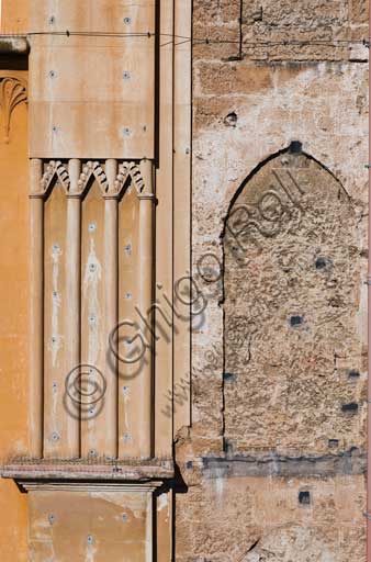 Palermo, The Royal Palace or Palazzo dei Normanni (Palace of the Normans): detail of the  Easternfaçade in its variegated juxtaposition of medieval and modern volumes.