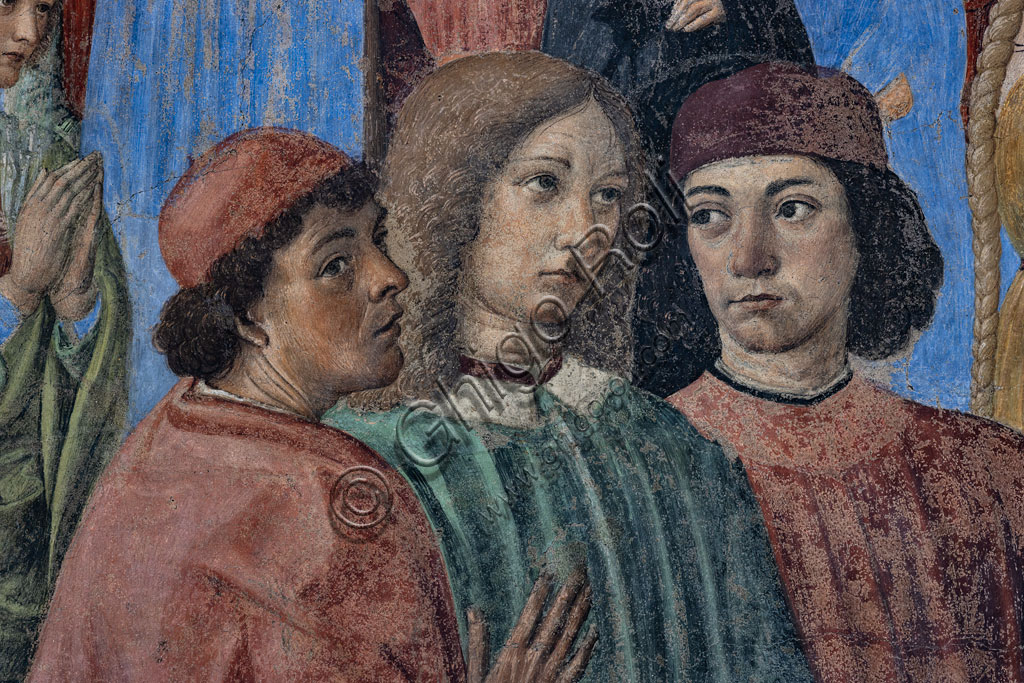 “Il gruppo degli umanisti neoplatonici” ( da sinistra,  Marsilio Ficino, Giovanni Pico della Mirandola e Agnolo Poliziano): particolare del “Miracolo del Sacramento”, affresco di Cosimo Rosselli (1484- 1488). Firenze, Chiesa di S. Ambrogio.