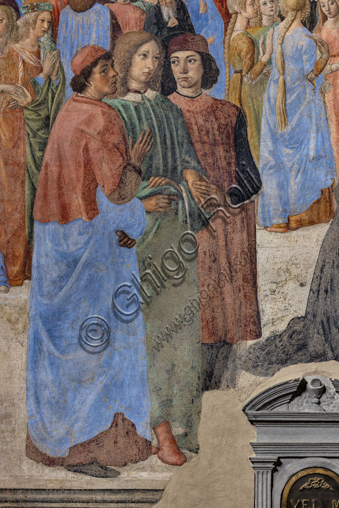 “The Group of Neoplatonic Humanists” (from the left, Marsilio Ficino, Giovanni Pico della Mirandola and Agnolo Poliziano): detail of the “Miracle of the Sacrament”, fresco by Cosimo Rosselli (1484- 1488). Florence, Church of St. Ambrose.