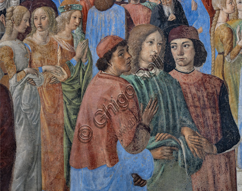 “Il gruppo degli umanisti neoplatonici” ( da sinistra,  Marsilio Ficino, Giovanni Pico della Mirandola e Agnolo Poliziano): particolare del “Miracolo del Sacramento”, affresco di Cosimo Rosselli (1484- 1488). Firenze, Chiesa di S. Ambrogio.