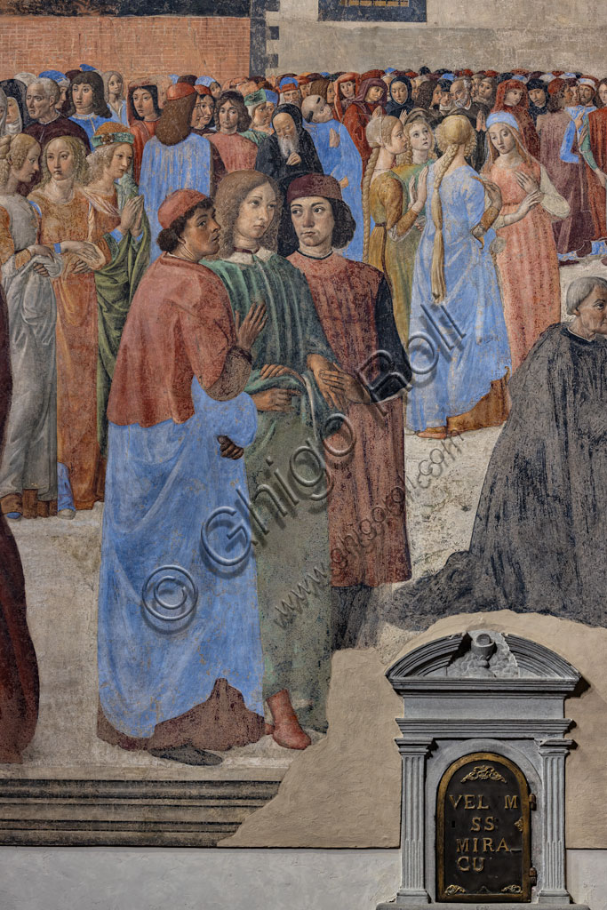 “Il gruppo degli umanisti neoplatonici” ( da sinistra,  Marsilio Ficino, Giovanni Pico della Mirandola e Agnolo Poliziano): particolare del “Miracolo del Sacramento”, affresco di Cosimo Rosselli (1484- 1488). Firenze, Chiesa di S. Ambrogio.