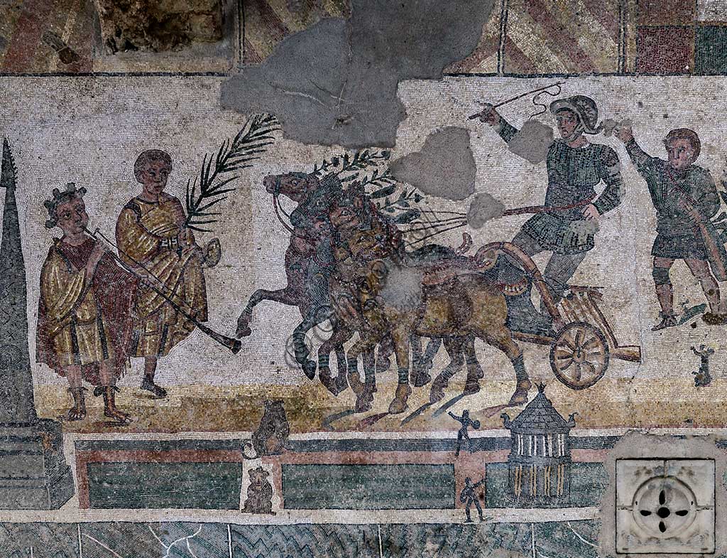 Piazza Armerina, Roman Villa of Casale, which was probably an imperial urban palace. Today it is a UNESCO World Heritage Site. Detail of the mosaic of the Circus depicting a quadriga race.
