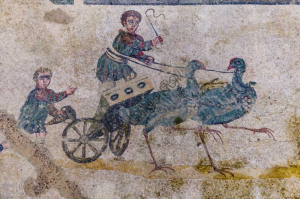 Piazza Armerina, Roman Villa of Casale, which was probably an imperial urban palace. Today it is a UNESCO World Heritage Site. Detail of the mosaic of the Circus depicting a chariot race. Chariots are pulled by birds.