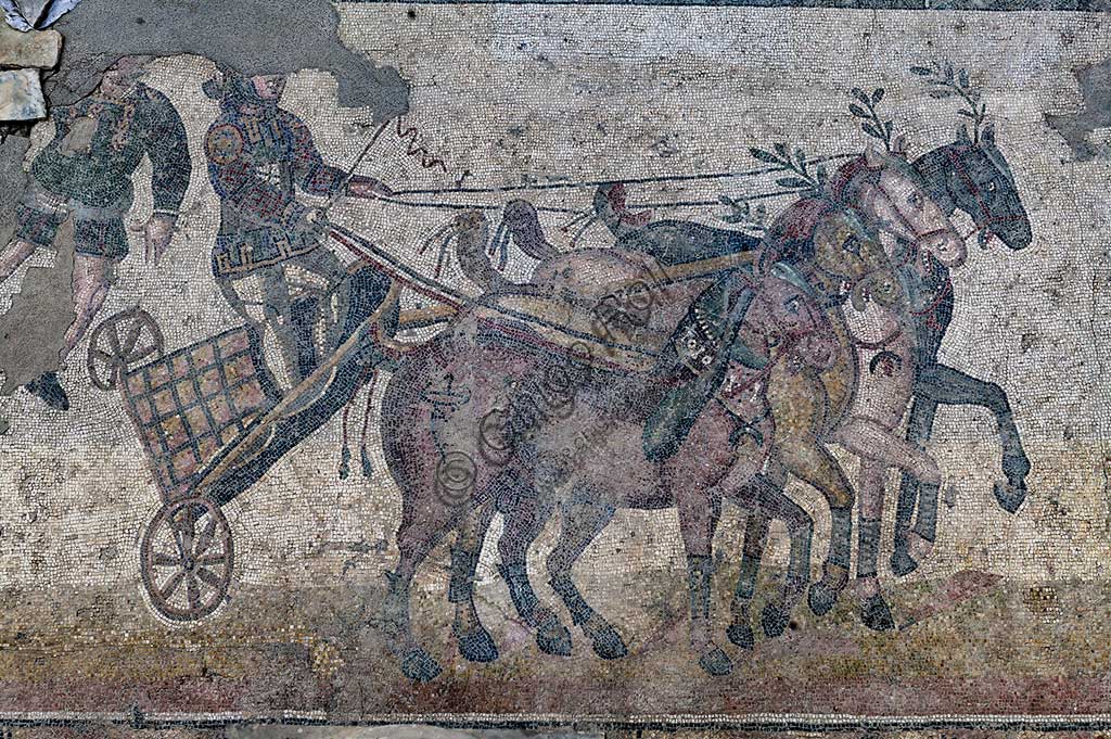 Piazza Armerina, Roman Villa of Casale, which was probably an imperial urban palace. Today it is a UNESCO World Heritage Site. Detail of the mosaic of the Circus depicting a chariot race.