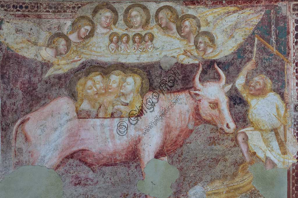 Codigoro, Pomposa Abbey, interior of the Basilica of Santa Maria, apse: frescoes by Vitale da Bologna. Detail of the lower register with "the martyrdom of St. Eustace, tortured in a bronze ox with his wife and children".
