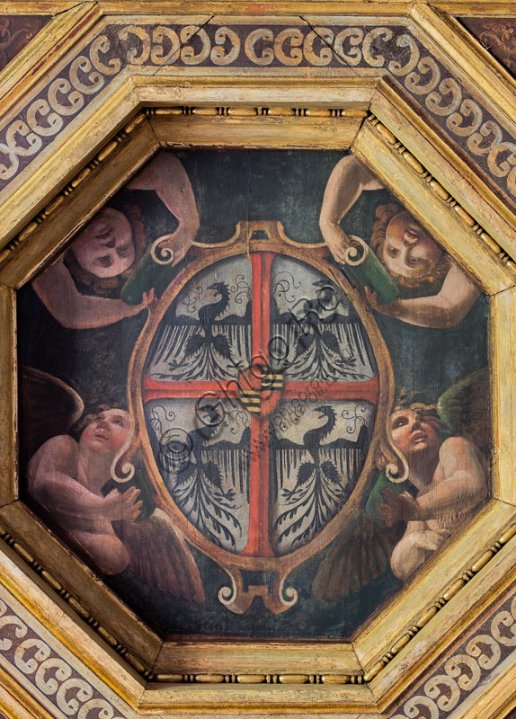 Mantua, Palazzo Te (Gonzaga's Summer residence), Camera delle Vittorie (Chamber of the Victories), painting by Agostino da Mozzanica (1528): detail of the coffered ceiling.