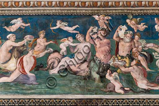 Rome, Villa Farnesina, The Hall of Perspectives: the ample frieze with mythological scenes inspired by the Ovid  Metamorphoses. Frescoes by Baldassarre Peruzzi and workshop (1517-18). Detail of "Triumph of Venus", marine scene with dolpnins and cupids. Venus is surrounded by nymphs and tritons, all paying tribute to the goddess of love, offering corals, shellfish and crustaceans.