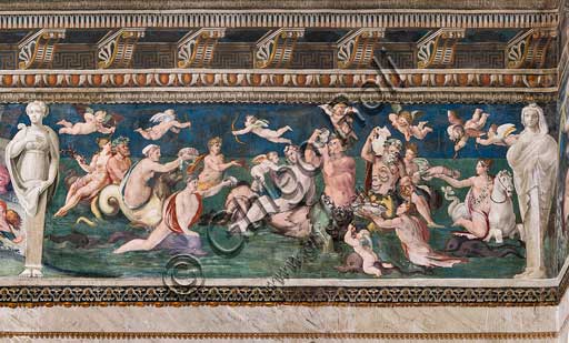 Rome, Villa Farnesina, The Hall of Perspectives: the ample frieze with mythological scenes inspired by the Ovid  Metamorphoses. Frescoes by Baldassarre Peruzzi and workshop (1517-18). Detail of "Triumph of Venus", marine scene with dolpnins and cupids. Venus is surrounded by nymphs and tritons, all paying tribute to the goddess of love, offering corals, shellfish and crustaceans.