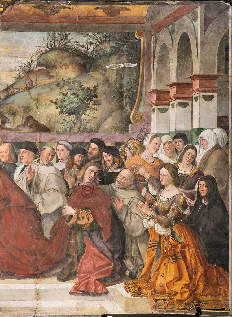   Padua, Basilica di St Anthony or of the Saint, Scuola del Santo (School of the Saint), Salon: "Cardinal Guido of Monfort opens the ark of the Saint (1350)", detail of the fresco by Bartolomeo Montagna, 1512. The man with the fur-lined cloak, facing the cardinal, is probably  Jacopo II da Carrara;  the woman in the foreground on the right is his wife Constance.