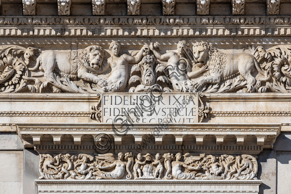 Brescia, piazza della Loggia (a Renaissance square where the Venetian influence is evident), Palazzo della Loggia: detail of the white Botticino marble facade.