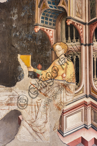 Foligno, Palazzo Trinci: La Sala delle Arti Liberali e dei Pianeti dove vennero rappresentate le figure simboliche dei sette pianeti, Luna, Marte, Mercurio, Giove, Venere, Saturno, Sole, seguendo l'ordine dei giorni della settimana. Ogni pianeta sovrintende ad una fase della vita umana che viene raffigurata all'interno di dischi concentrici dove nella zona di mezzo, l'Aria,il Sole e la Luna definiscono una determinata ora del giorno. Nella parete nord della Sala vennero raffigurate le Arti del Trivio (Grammatica. Dialettica, Retorica) e del Quadrivio ( Aritmetica, Musica, Geometria e Astronomia), secondo un ordine gerarchico di apprendimento che conduce al punto di arrivo di ogni sapere umano, la Filosofia, che trionfa al centro della parete opposta alla finestra. Ogni pianeta influenza una fase della vita umana, ad ogni fase della vita umana corrisponde, nella scala dell'apprendimento, una diversa disciplina, ogni disciplina è simile, per le sue proprietà, ad una delle sfere celesti. La decorazione viene affidata a Gentile da Fabriano, il massimo esponente del gotico internazionale in Italia, con aiuti (Jacopo Bellini, Paolo Nocchi, Francesco Giambono da Bologna e Battista di Domenico da Padova), e realizzata trail  1411 e 1412. Particolare della Geometria. 