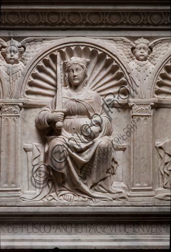 , Genoa, Duomo (St. Lawrence Cathedral), inside, Northern aisle, De Marini Chapel: "Funerary Monument of Giorgio Fieschi - Detail of Justice", by Giovanni Gagini, 1461. 