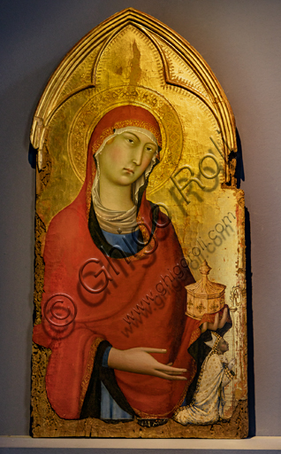 Orvieto, MODO (Museo dell'Opera del Duomo di Orvieto): La Vergine con il Bambino affiancata da Maddalena, S. Domenico, S. Pietro e S. Paolo, tempera, oro e foglia di argento su tavola, di Simone Martini, 1320-1. Particolaredella Maddalena.