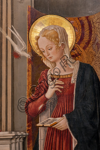  Perugia, National Gallery of Umbria: Annunciation of the Notaries, by Benedetto Bonfigli,1450-3, tempera on panel. Detail of the Virgin Mary and a dove (Symbol of the Holy Spirit).