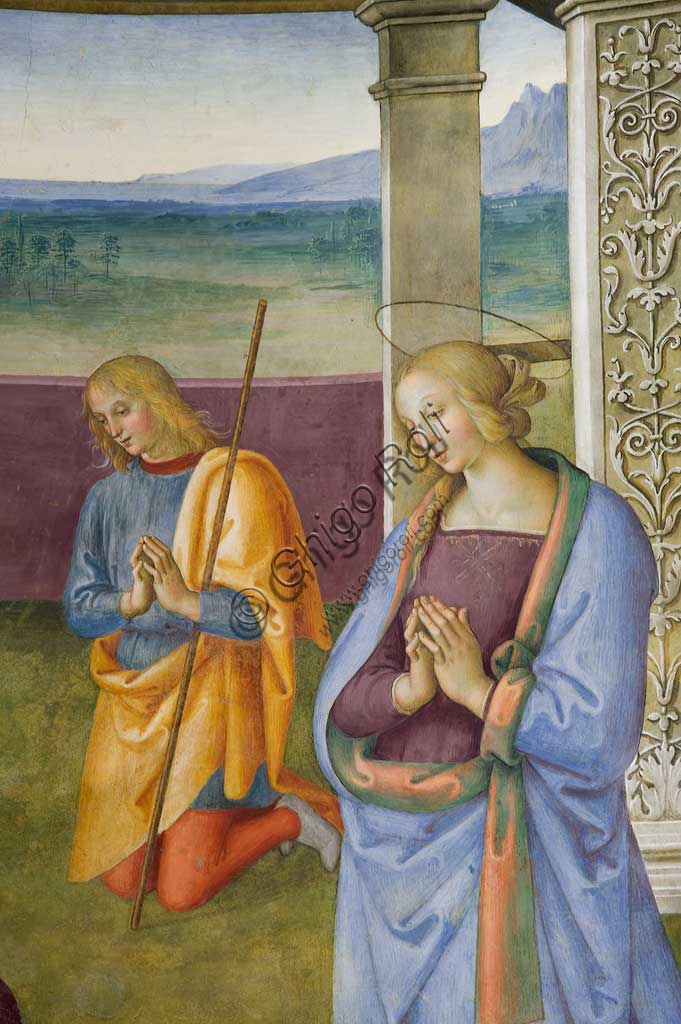 Montefalco, Museum of St. Francis, Church of St. Francis: "Nativity with the Annunciation and the Eternal among angels and cherubs", by Pietro Vannucci known as  Perugino, 1503. Fresco. Detail of the "Nativity".