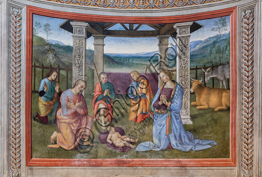 Montefalco, Museum of St. Francis, Church of St. Francis: "Nativity with the Annunciation and the Eternal among angels and cherubs", by Pietro Vannucci known as  Perugino, 1503. Fresco. Detail of the "Nativity".