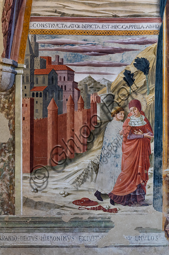 Montefalco,  Complesso Museale di San Francesco, Chiesa di San Francesco,  Cappella di S. Gerolamo: affreschi di Benozzo Gozzoli, 1452. Particolare della parete con rappresentazione di S. Girolamo che lascia Roma.