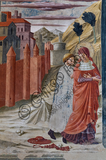 Montefalco,  Complesso Museale di San Francesco, Chiesa di San Francesco,  Cappella di S. Gerolamo: affreschi di Benozzo Gozzoli, 1452. Particolare della parete con rappresentazione di S. Girolamo che lascia Roma.